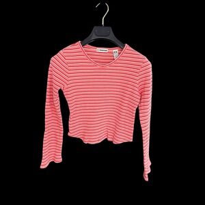 Y2K Christie Brooks Red White Striped Ribbed V-Neck Long Sleeve Crop Top XL Y2K